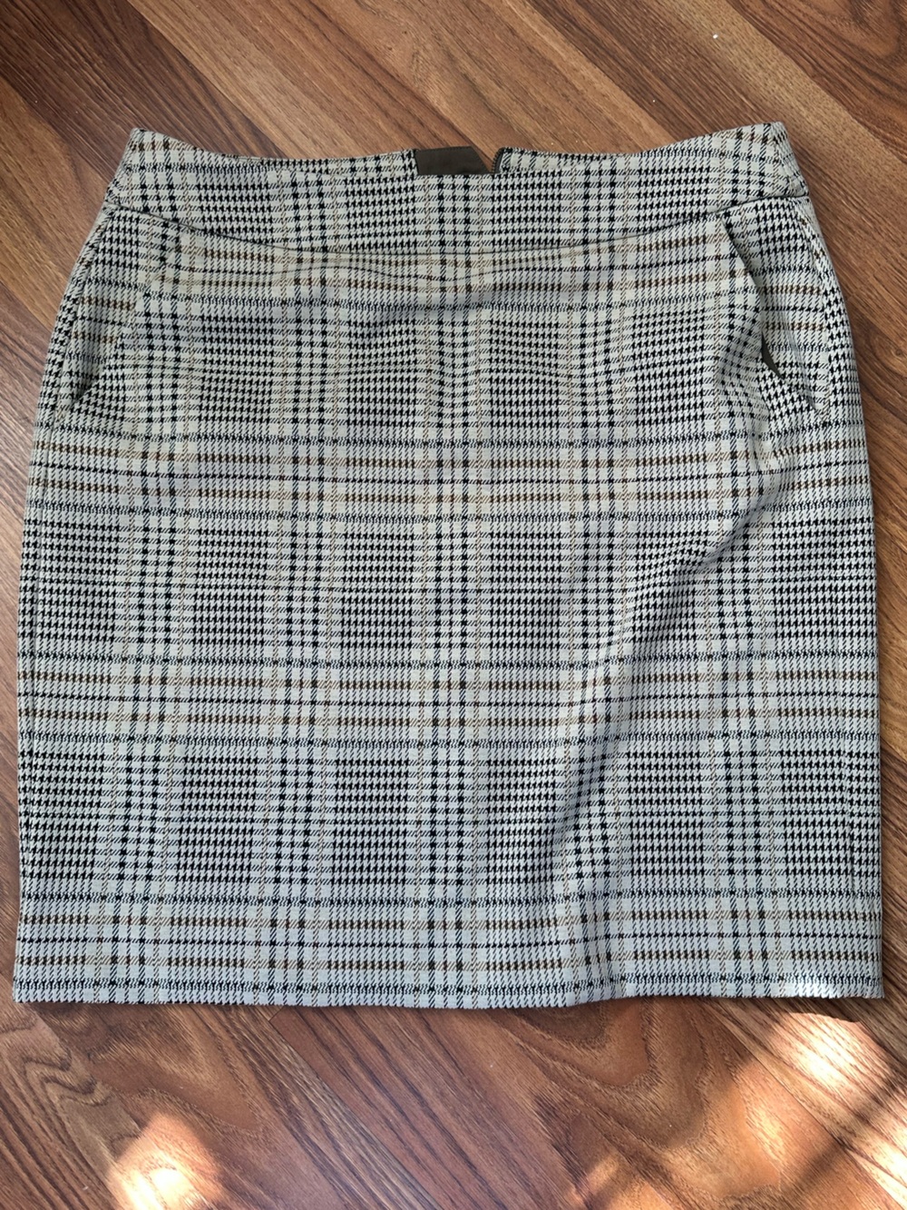 CAbi Black, White and Brown Plaid Pencil Skirt